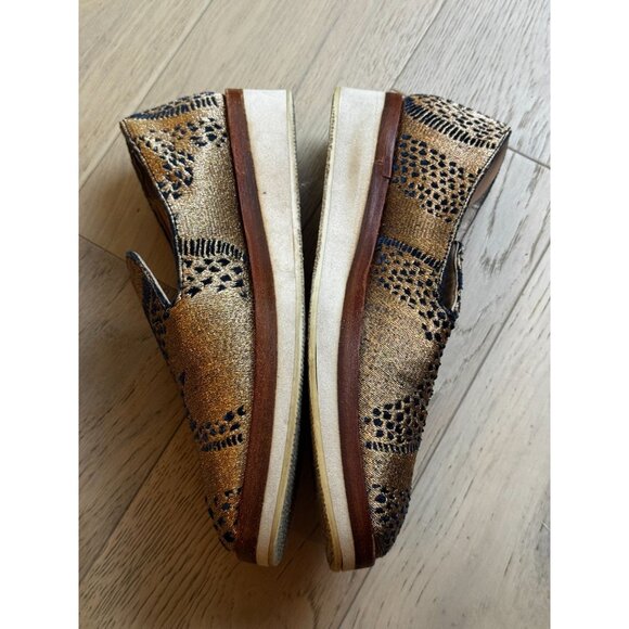 Free People Gold Navy Textile Loafers Sz 6.5 37 Slip-On Leather Lining Snake eye - Picture 8 of 8